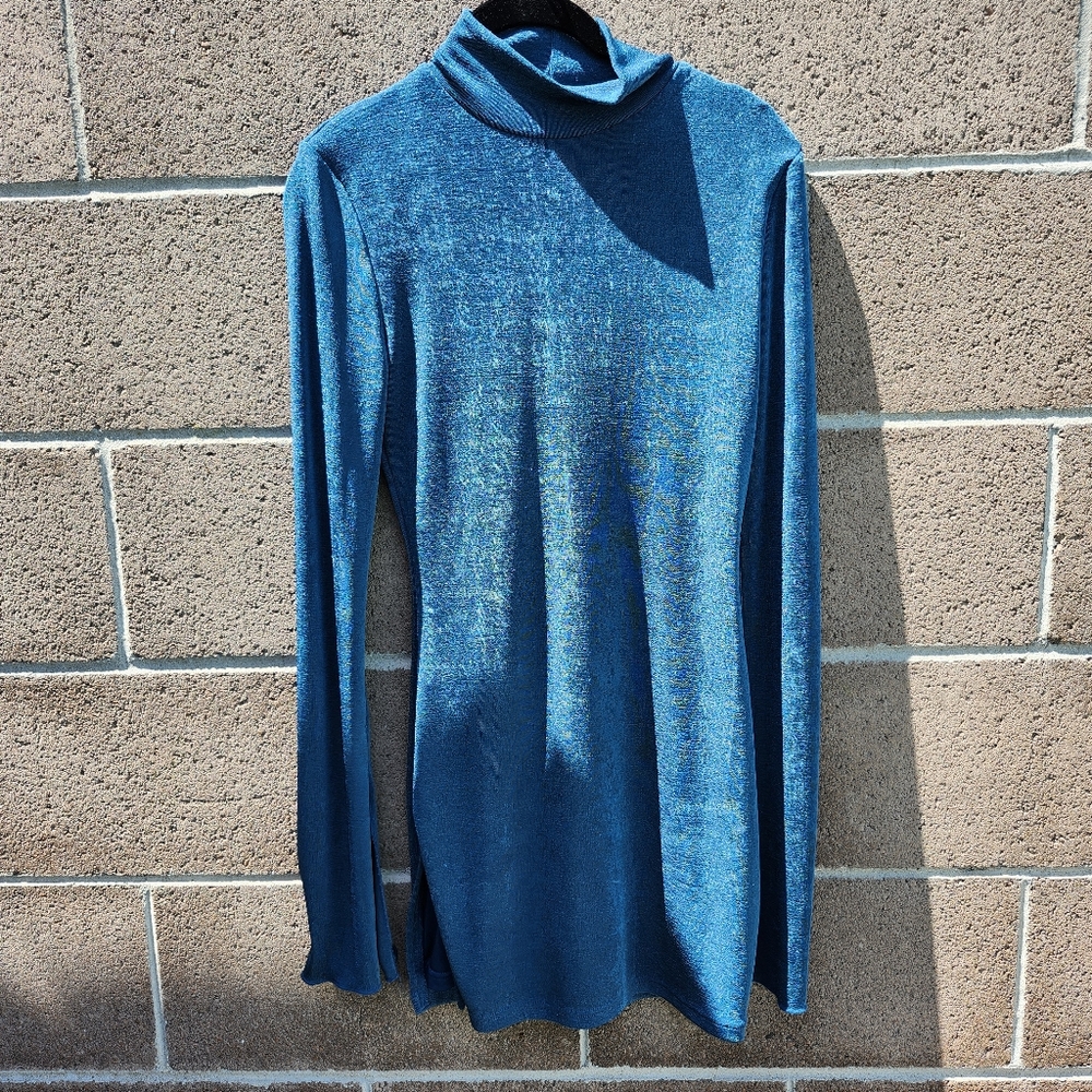 Jewel blue mock neck flare sleeve bodycon mini dress
